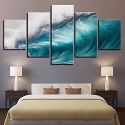 Rolling Waves Ocean Sea Wave Seascape Landscape Nature 5 Pieces Canvas Wall Art, Large Framed 5 Panel Canvas Wall Art