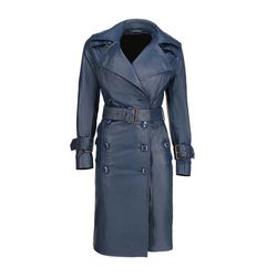 Chic Blue Women's Leather Long Coat - Stylish Outerwear for Trendy Elegance