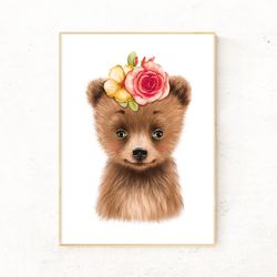 Cute Bear With Flowers, Baby Bear Nursery Decor, Teddy Bear Nursery Wall Art - digital file that you will download