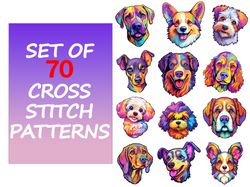 Cross Stitch Pattern Set Of 70 Dogs Patterns Counted Cross Stitch Bundle Funny Colorful Embroidery Easy Small Patterns F