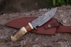 Custom Handmade Damascua steel skinner knife with leather handle best gift for men