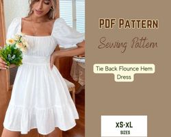 Tie Back Dress Sewing Pattern, Flounce Tiered, Puff Sleeve Dress PDF, square neck PDF Pattern