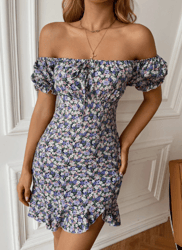 Off-shoulder dress pattern knotted ruffle hem PDF File, woman sewing DIY, puff sleeve, mini short lenght,