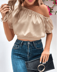 One Shoulder Top Sewing Pattern short Puff Sleeve PDF XS-XL, elastic woman blouse