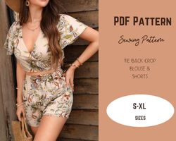 Tie Front Top and short set sewing pattern, butterfly sleeve, PDF, elstic waistband