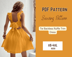 Tie Back , Ruffle Sleeve Dress Sewing Pattern- PDF, Mini,elastic waist, v neck