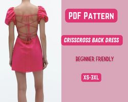 Backless Dress Sewing Pattern, Teen Woman Sexy Crisscross Clothes, PDF Pattern, XS-3XL Puff Sleeve