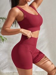 RED Seamless Ribbed Yoga Sets Workout Sets for Women