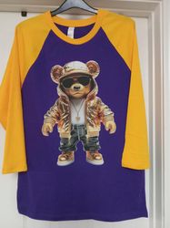 Purple N Gold Fly Bear Graphic Print Baseball T-Shirt Medium