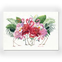 Flamingo Painting Floral Artwork Flowers Original Watercolor Birds Large Wall Art By Irina Butenko