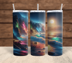 3- Rainbow glowing lights Sunset with couple walking  20oz Sublimation tumbler wraps PNG