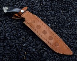 Handmade Damascus Steel Pistol Knife 12" Bull Horn Handle & Damascus Bolster with leather sheath