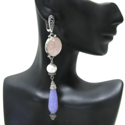 Handmade long statement Rose Quartz, Purple Jade gemstone and Shell pearl earrings