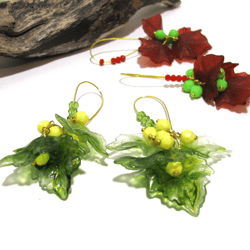 Handmade acrylic leaf and berries earrings, summer earrings, lightweight , easy to wear all day