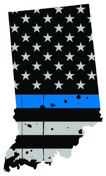 Distressed Thin Blue Line Indiana State Shaped Subdued US Flag Sticker Self Adhesive Vinyl police IN - C3809.png