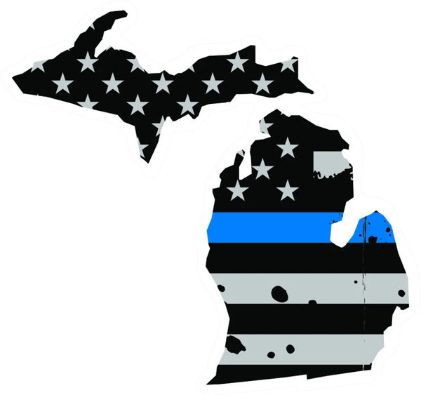 Distressed Thin Blue Line Michigan State Shaped Subdued US Flag Sticker Self Adhesive Vinyl police - C3841.png