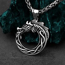 Dragon ouroboros pendant, Stainless steel necklace, Viking, nordic, norse jewelry