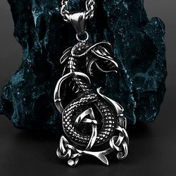 Celtic style dragon necklace, Stainless steel nordic jewelry, Fantasy pendant