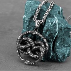 Double snake Ouroboros pendant, Stainless steel necklace