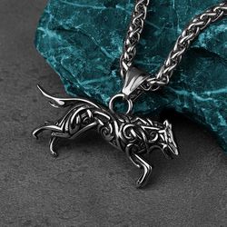 Wolf pendant, Odin wolf necklace, Stainless steel jewelry, Geri and Freki, Viking, Nordic, Norse, Celtic