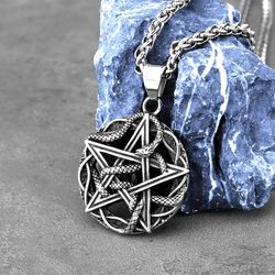 Pentagram with snake pendant, Stainless steel pentacle necklace, Pagan symbol jewelry