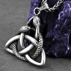 Ouroboros necklace with celtic knot pendant, Stainless steel jewelry, Viking, nordic, norse amulet, Snake eat tail