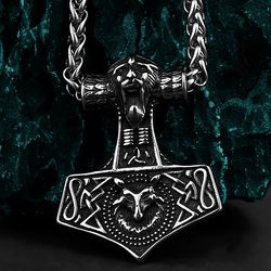 Thor hammer pendant with fox, Stainless steel viking necklace, Mjolnir jewelry,