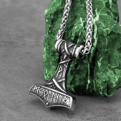 Thor hammer pendant wuth Elder Futhark runes, Stainless steel mjolnir necklace, Viking, Nordic, Norse jewelry