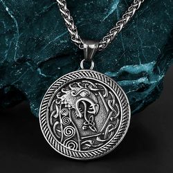 Viking Dragon round medallion, Stainless steel pendant, Nordic necklace, norse unisex jewelry