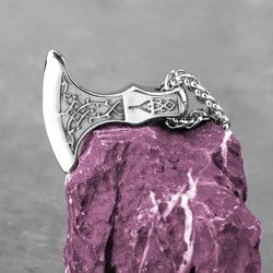 Axe with Algiz rune necklace, Elder Futhark rune pendant, Amulet of protection, Stainless steel jewelry, Viking nordic
