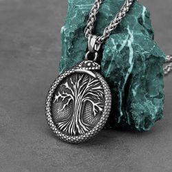 Ouroboros with Tree of Life pendant, Snake eat tail, Yggdrasil necklace, Stainless steel jewelry