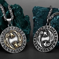 Viking wolves necklace, Geri and Freki pendant, Stainless steel jewelry, Elder Futhark runes