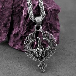 Phoenix pendant, Stainless steel necklace, Fantasy creature jewelry, Unisex jewelry gift