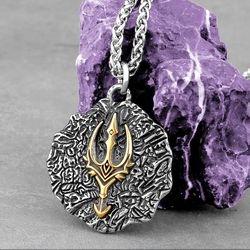 Aquamen trident pendant, Stainless steel necklace, Unisex jewelry gift