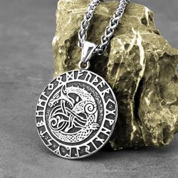 Viking dragon pendant with Odin horns at the back, Stainless steel necklace, Nordic norse jewelry, Elder Futhark runes