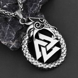 Dragon ouroboros with Valknut pendant, Stainless steel jewelry, Viking nordic norse necklace