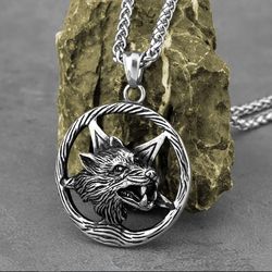 Wolf with Pentacle pendant, Stainless steel necklace, Pentagram pagan jewelry, Amulet