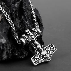 Thor hammer with skulls necklace, Stainless steel pendant, Mjolnir, Viking Nordic Norse jewelry, Gift for men