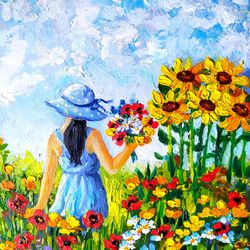 Girl Painting Bouquet Original Art Flower Meadow Landscape Art Sundflower
