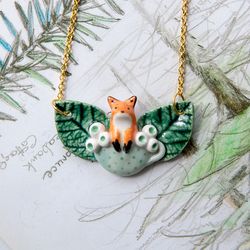 Cute ceramic fox in tea cup necklace Whimsical porcelain fox pendant Miniature fox totem Fox lover gift Witchy jewelry