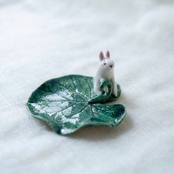 Whimsical Ceramic Leaf and Bunny Brush Rest: Cute Incense Dish, Perfect Rabbit Lover's Gift
