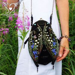 Cute Beetle Velvet Mini Bag with Pearl Embroidery