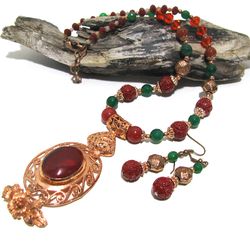 Handmade Jade, Cinnabar pendant necklace and earrings set, Gemstone jewelry set, copper pendant Medieval Oriental style