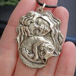 Girl and cat pendant, Cat lover, handmade jewelry
