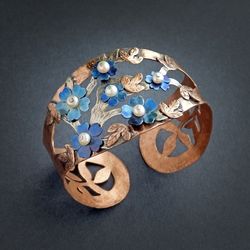 Handmade Copper Bracelet Spring, Flower Bracelet, Women Pearl Bracelet