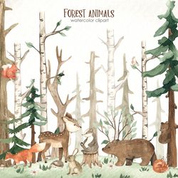 Forest animals watercolor clipart with cute cartoon baby fox, deer, bear, squirrel. Watercolor clipart. Digital PNG