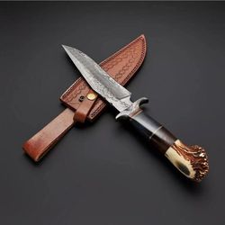 Bespoke Handcrafted Damascus Steel Hunting Bowie Knife with Stag Antler Handle and Sheath
