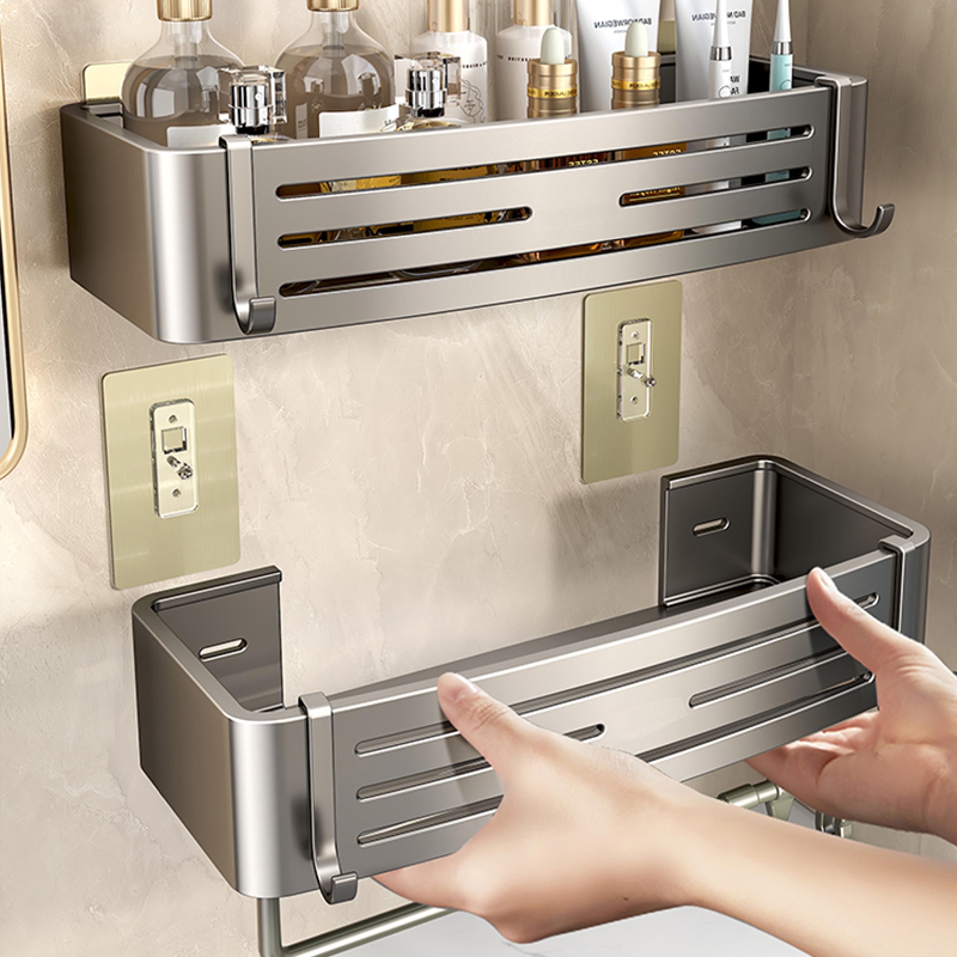 wall-mounted bathroom accessories, no-drill shampoo shelf, makeup organizer, aluminum alloy storage holder for kitchen