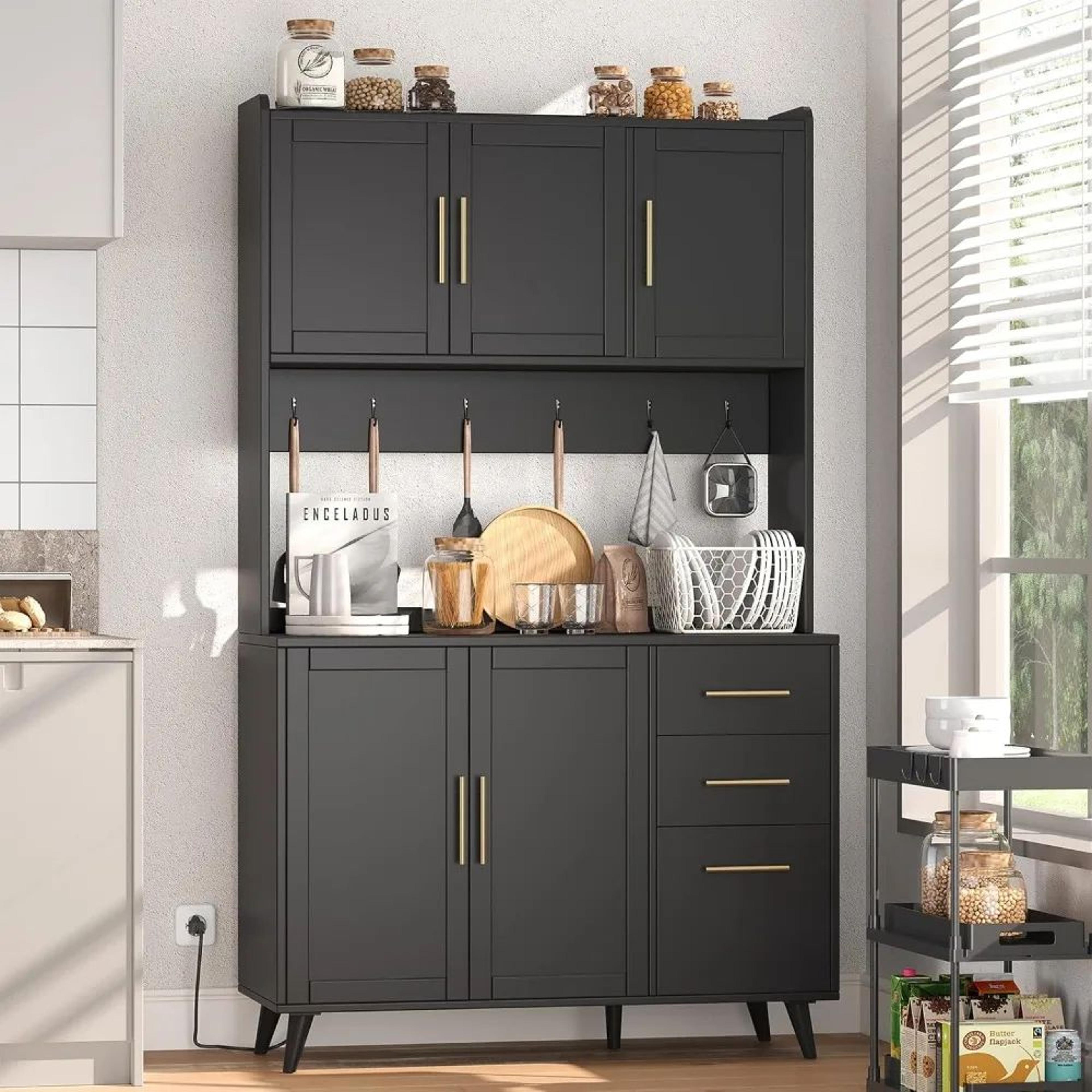modern kitchen pantry cabinet with microwave shelf & charging station, tall floor cupboard with storage drawers