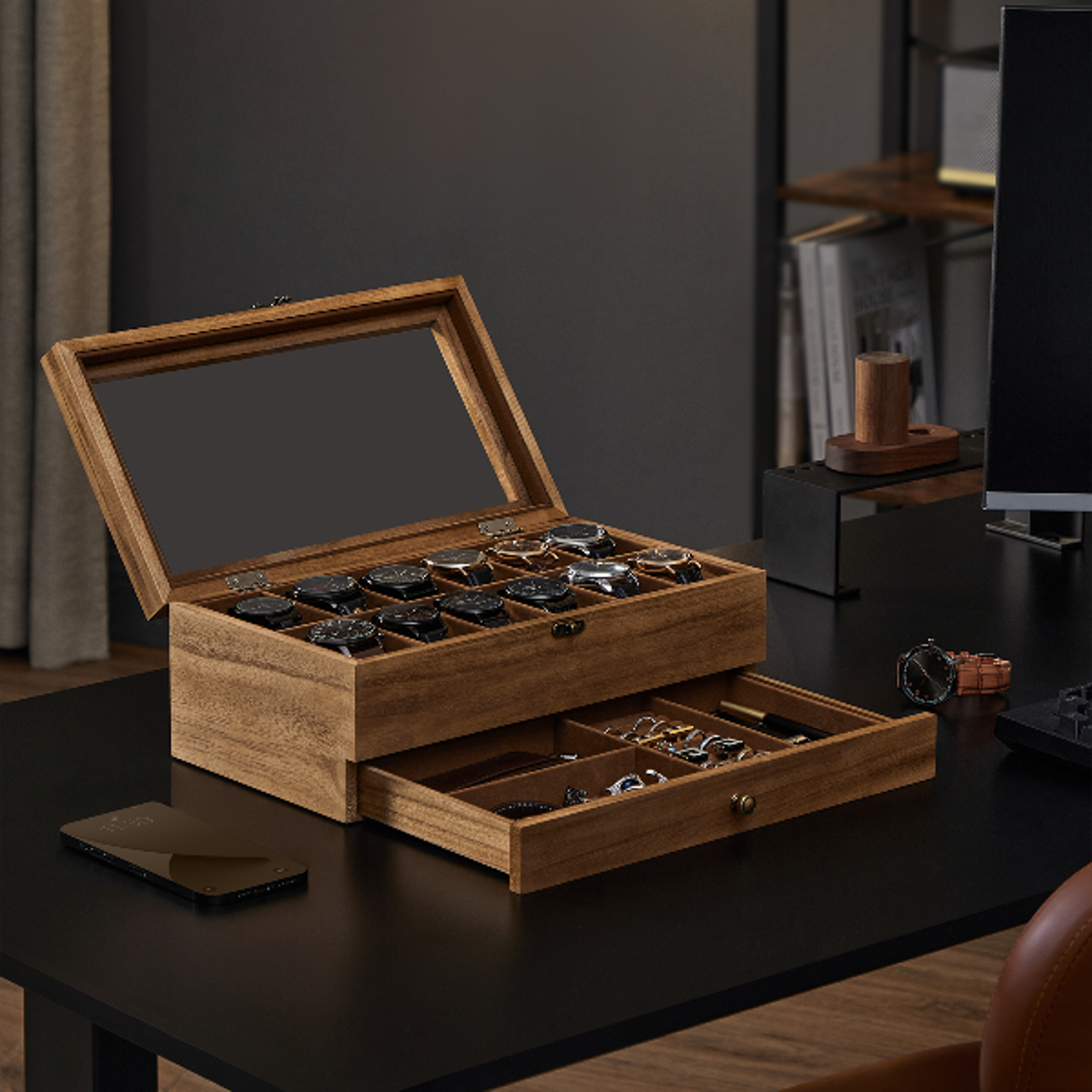 12-slot watch box, 2-tier watch display case with large glass lid, velvet lining & removable watch pillows